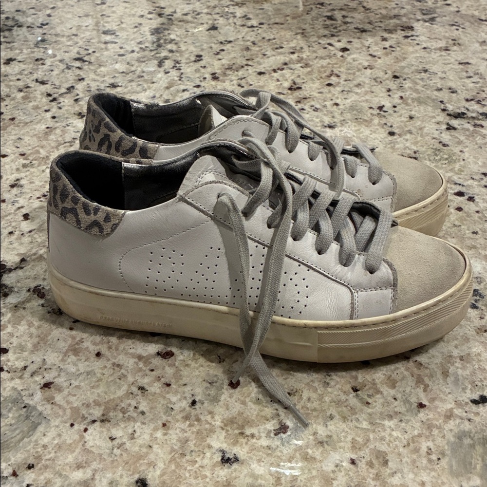 P448 Leather Lace-Up Sneakers with Leopard Heel Accent